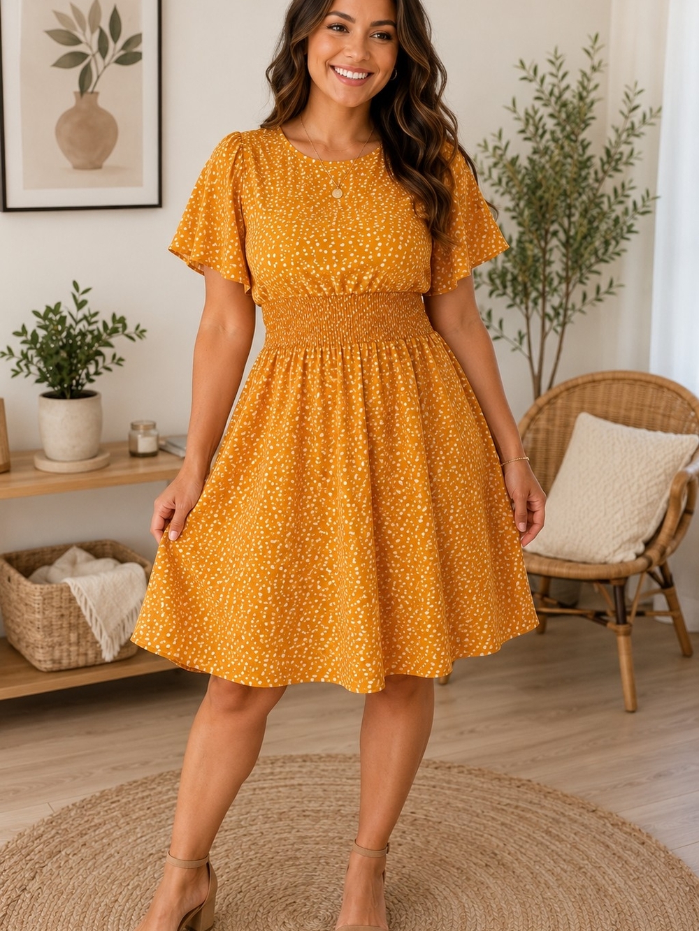 Mustard Yellow Heart Print Dress | Fits Women's Size 12 | Lightweight New - Picture 1 of 13
